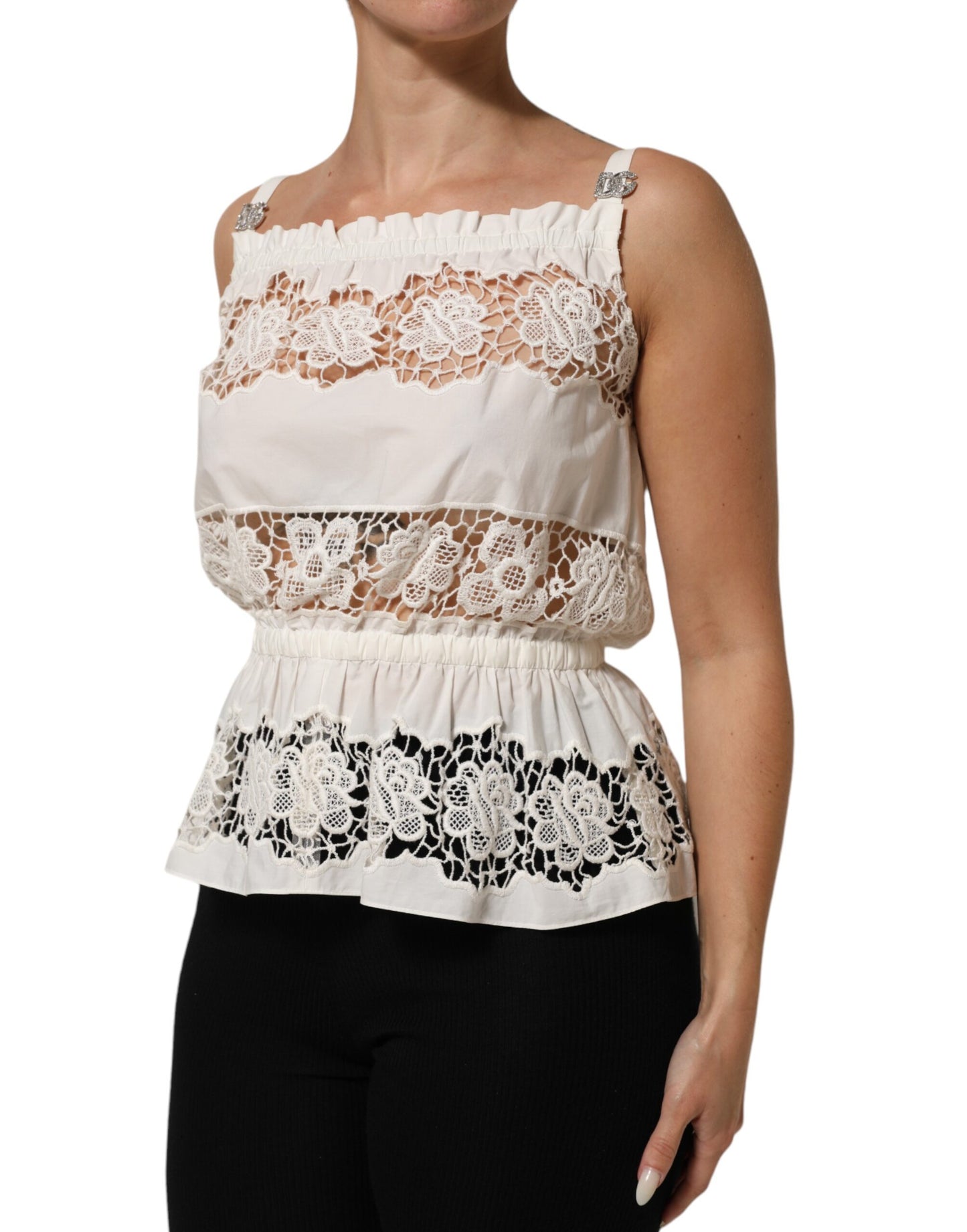 Dolce &amp; Gabbana Tanktop aus weißer Popeline mit durchbrochener Stickerei