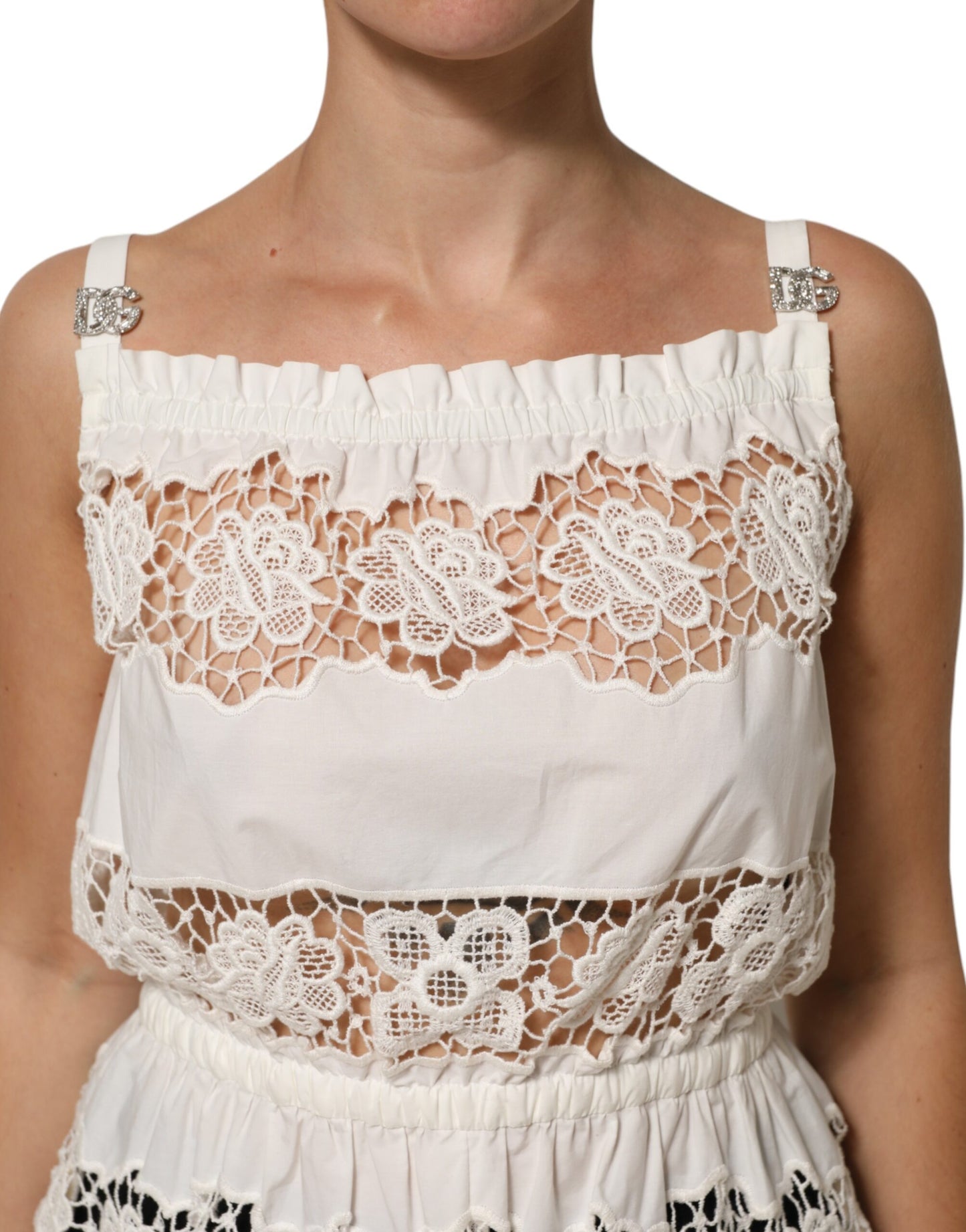 Dolce &amp; Gabbana Tanktop aus weißer Popeline mit durchbrochener Stickerei