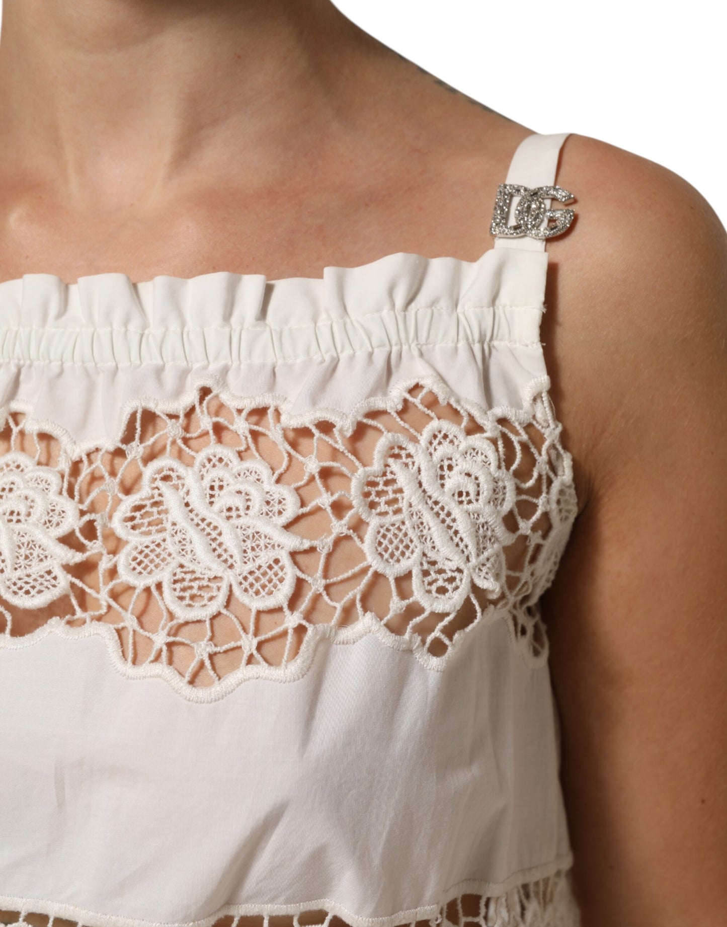 Dolce &amp; Gabbana Tanktop aus weißer Popeline mit durchbrochener Stickerei