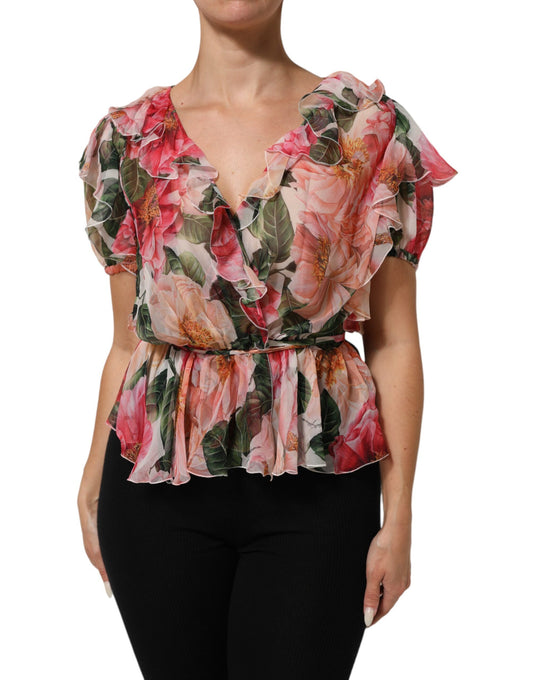 Dolce &amp; Gabbana – Blusentop aus Seide mit V-Ausschnitt und Kamelien-Print in Rosa