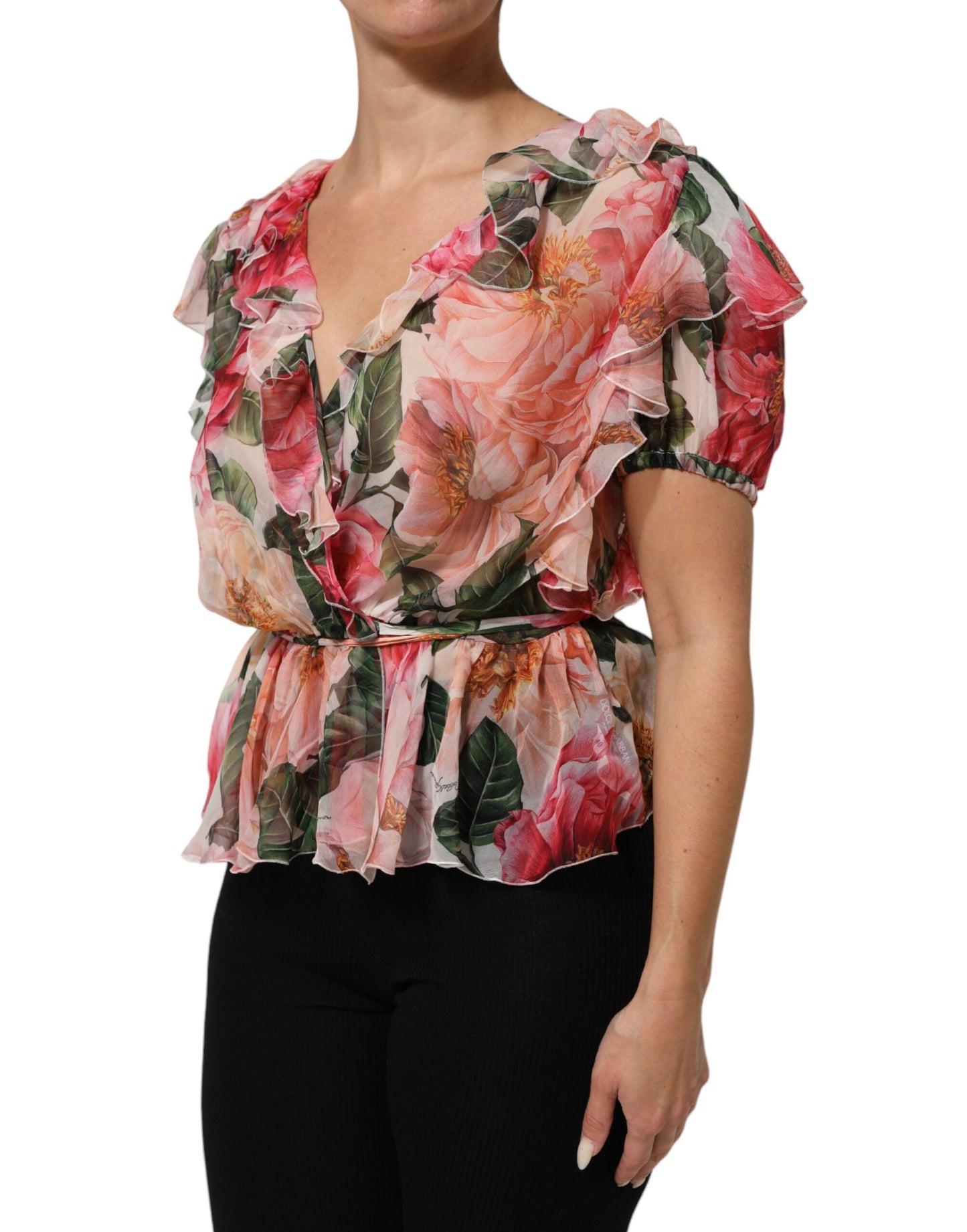 Dolce &amp; Gabbana – Blusentop aus Seide mit V-Ausschnitt und Kamelien-Print in Rosa