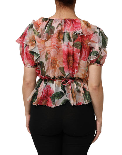 Dolce &amp; Gabbana – Blusentop aus Seide mit V-Ausschnitt und Kamelien-Print in Rosa