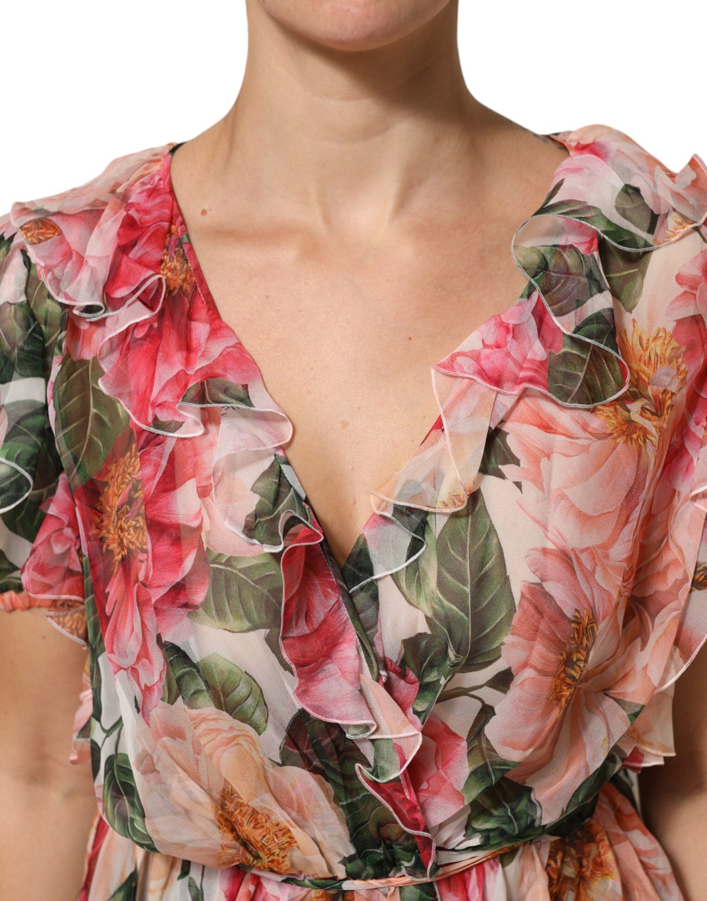 Dolce &amp; Gabbana – Blusentop aus Seide mit V-Ausschnitt und Kamelien-Print in Rosa