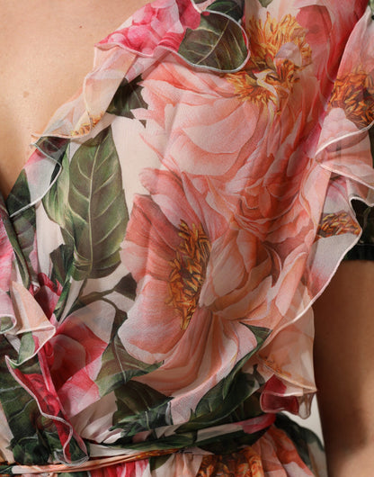 Dolce &amp; Gabbana – Blusentop aus Seide mit V-Ausschnitt und Kamelien-Print in Rosa