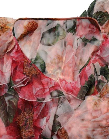 Dolce &amp; Gabbana – Blusentop aus Seide mit V-Ausschnitt und Kamelien-Print in Rosa