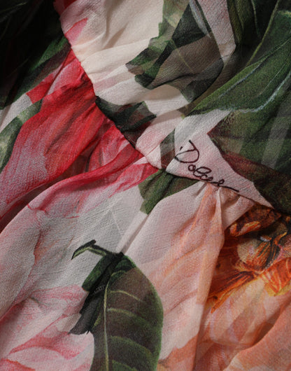 Dolce &amp; Gabbana – Blusentop aus Seide mit V-Ausschnitt und Kamelien-Print in Rosa