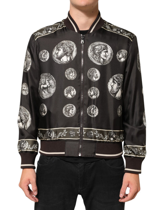 Dolce &amp; Gabbana – Schwarze Bomberjacke aus Seide mit „Monete“-Münzdruck