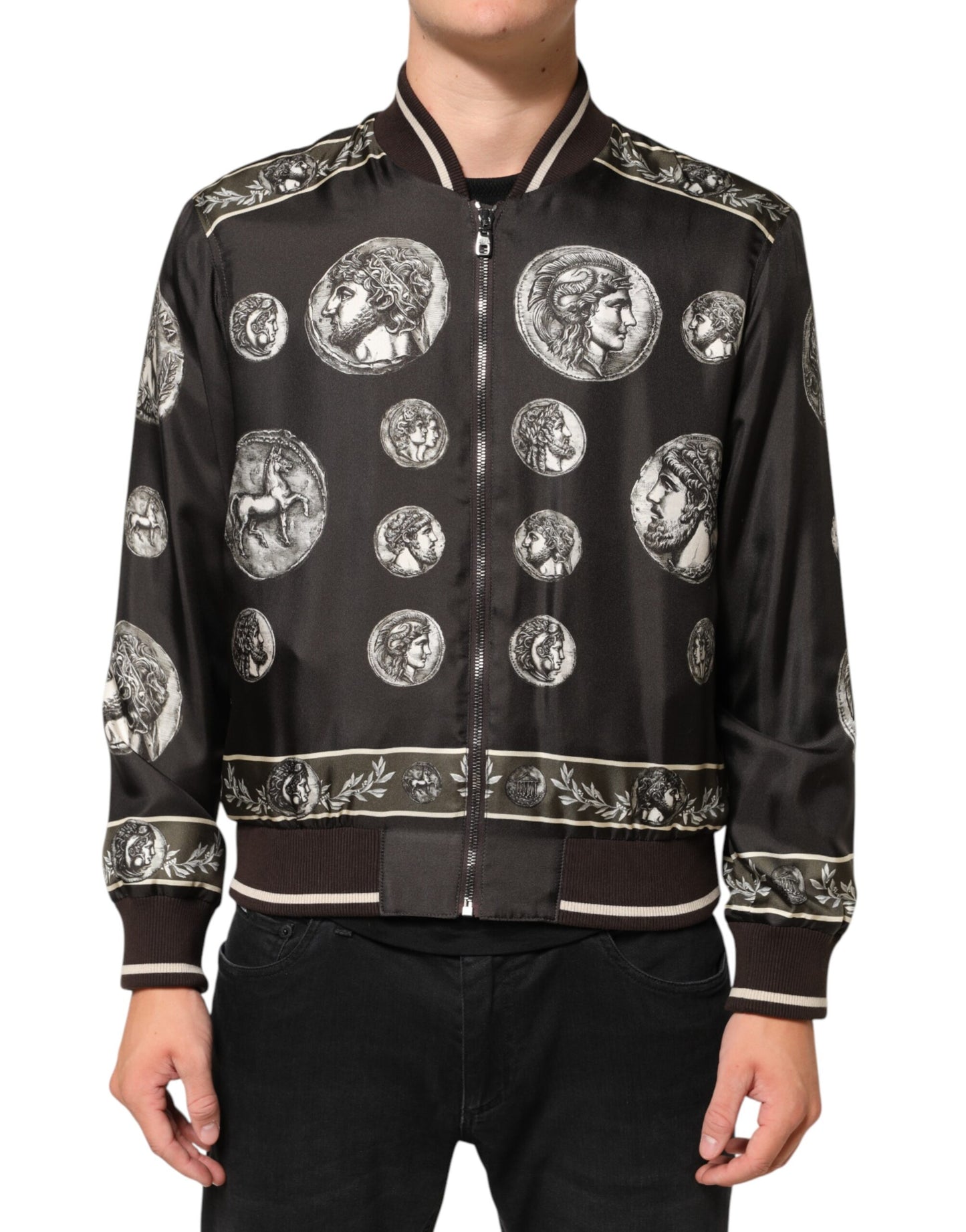 Dolce &amp; Gabbana – Schwarze Bomberjacke aus Seide mit „Monete“-Münzdruck
