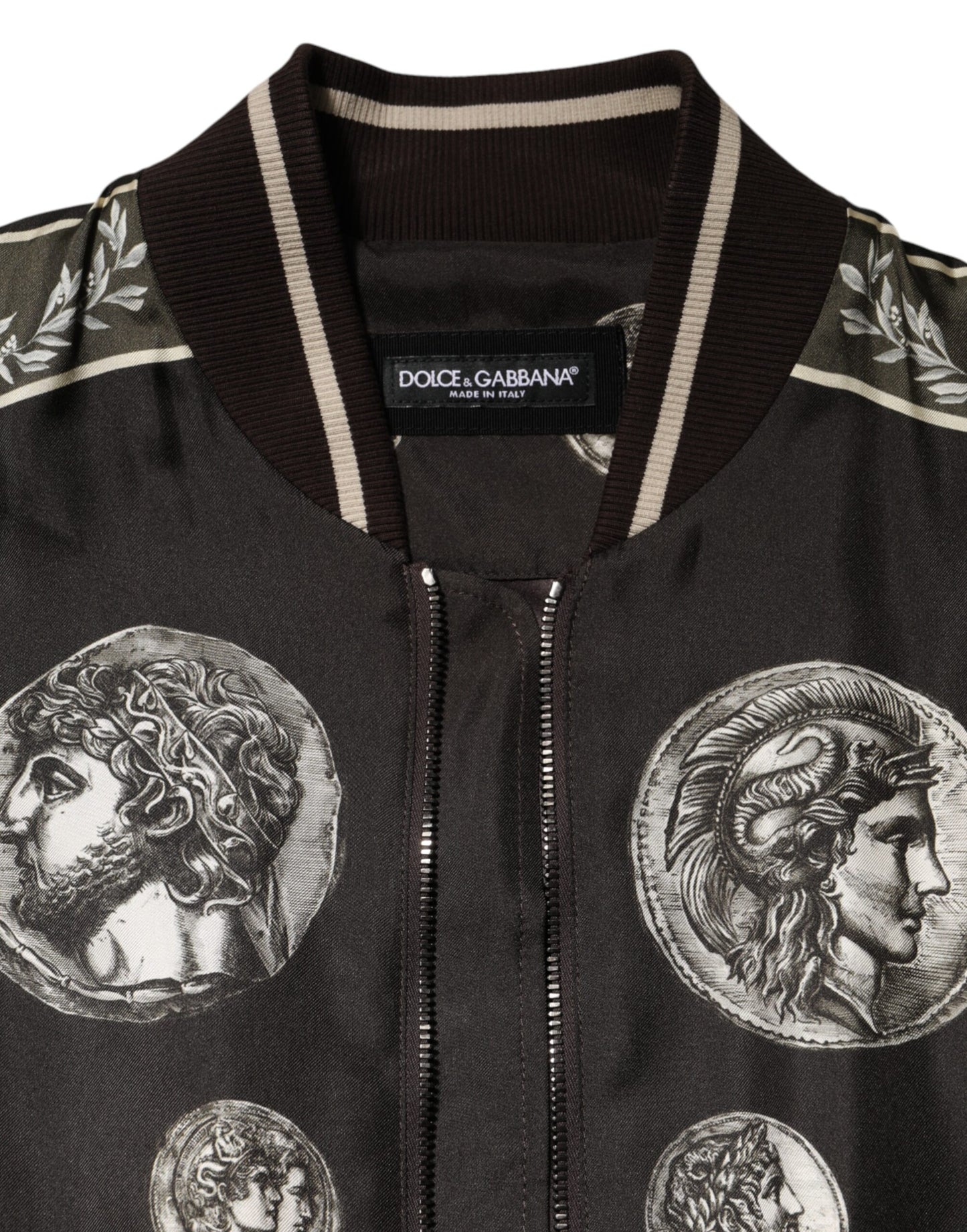 Dolce &amp; Gabbana – Schwarze Bomberjacke aus Seide mit „Monete“-Münzdruck