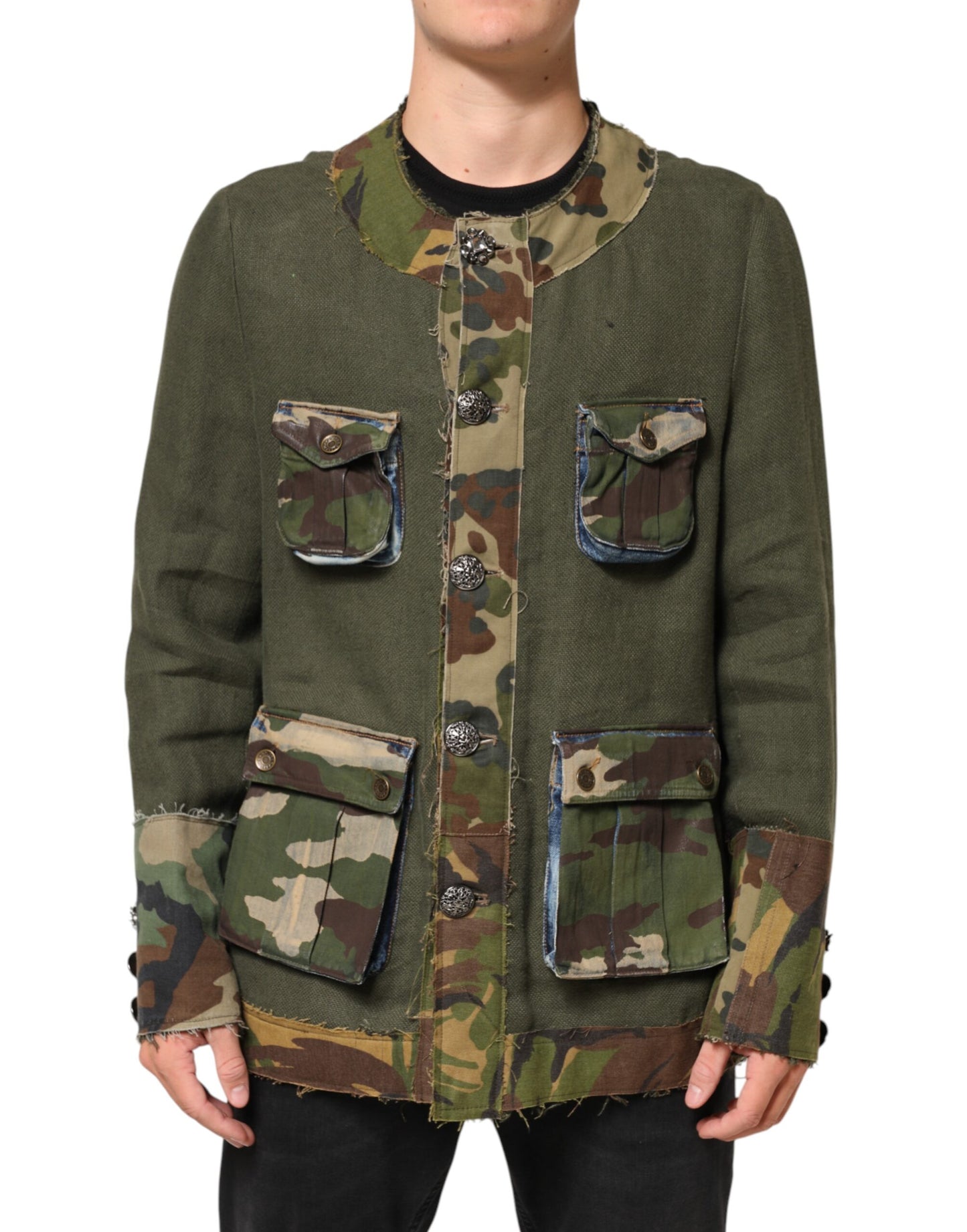 Dolce &amp; Gabbana – Braune Camouflage-Leinenjacke mit Knopfleiste