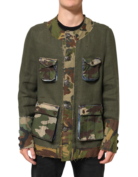Dolce &amp; Gabbana – Braune Camouflage-Leinenjacke mit Knopfleiste