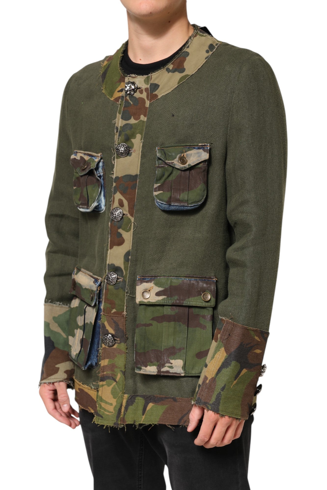 Dolce &amp; Gabbana – Braune Camouflage-Leinenjacke mit Knopfleiste