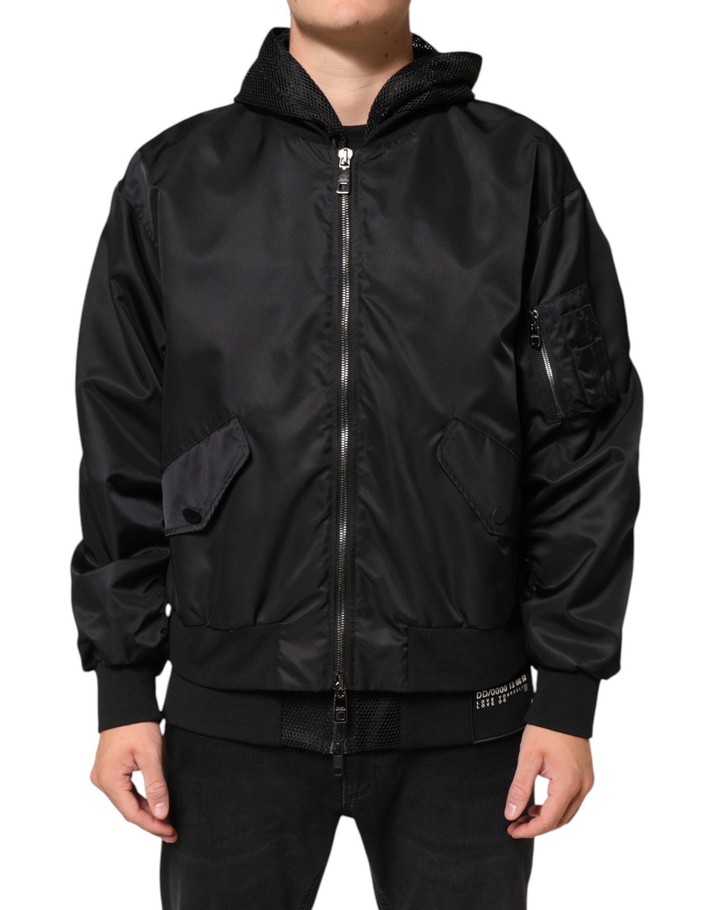 Dolce &amp; Gabbana – Schwarze Bomberjacke aus Nylon mit durchgehendem Reißverschluss und Kapuze für Herren