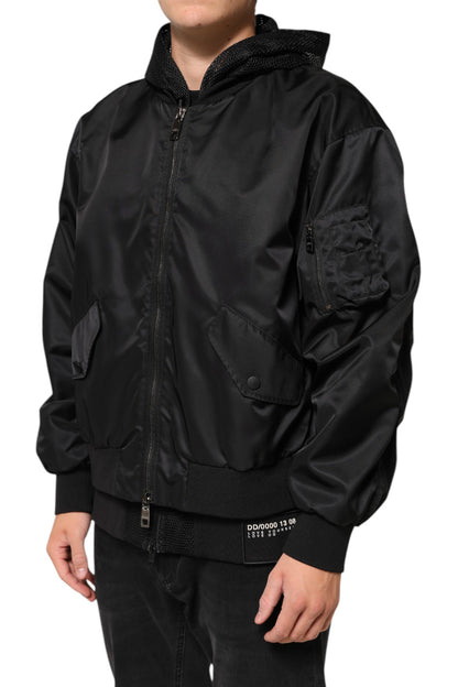 Dolce &amp; Gabbana – Schwarze Bomberjacke aus Nylon mit durchgehendem Reißverschluss und Kapuze für Herren
