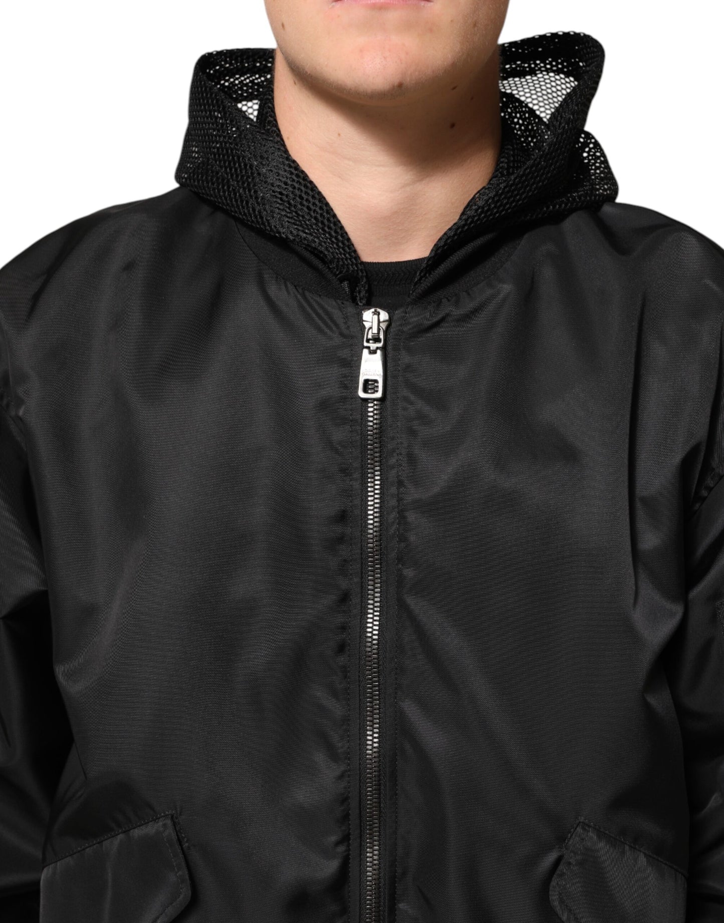 Dolce &amp; Gabbana – Schwarze Bomberjacke aus Nylon mit durchgehendem Reißverschluss und Kapuze für Herren