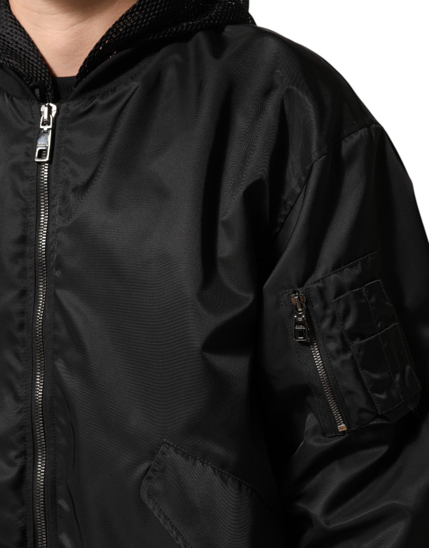 Dolce &amp; Gabbana – Schwarze Bomberjacke aus Nylon mit durchgehendem Reißverschluss und Kapuze für Herren