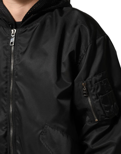 Dolce &amp; Gabbana – Schwarze Bomberjacke aus Nylon mit durchgehendem Reißverschluss und Kapuze für Herren