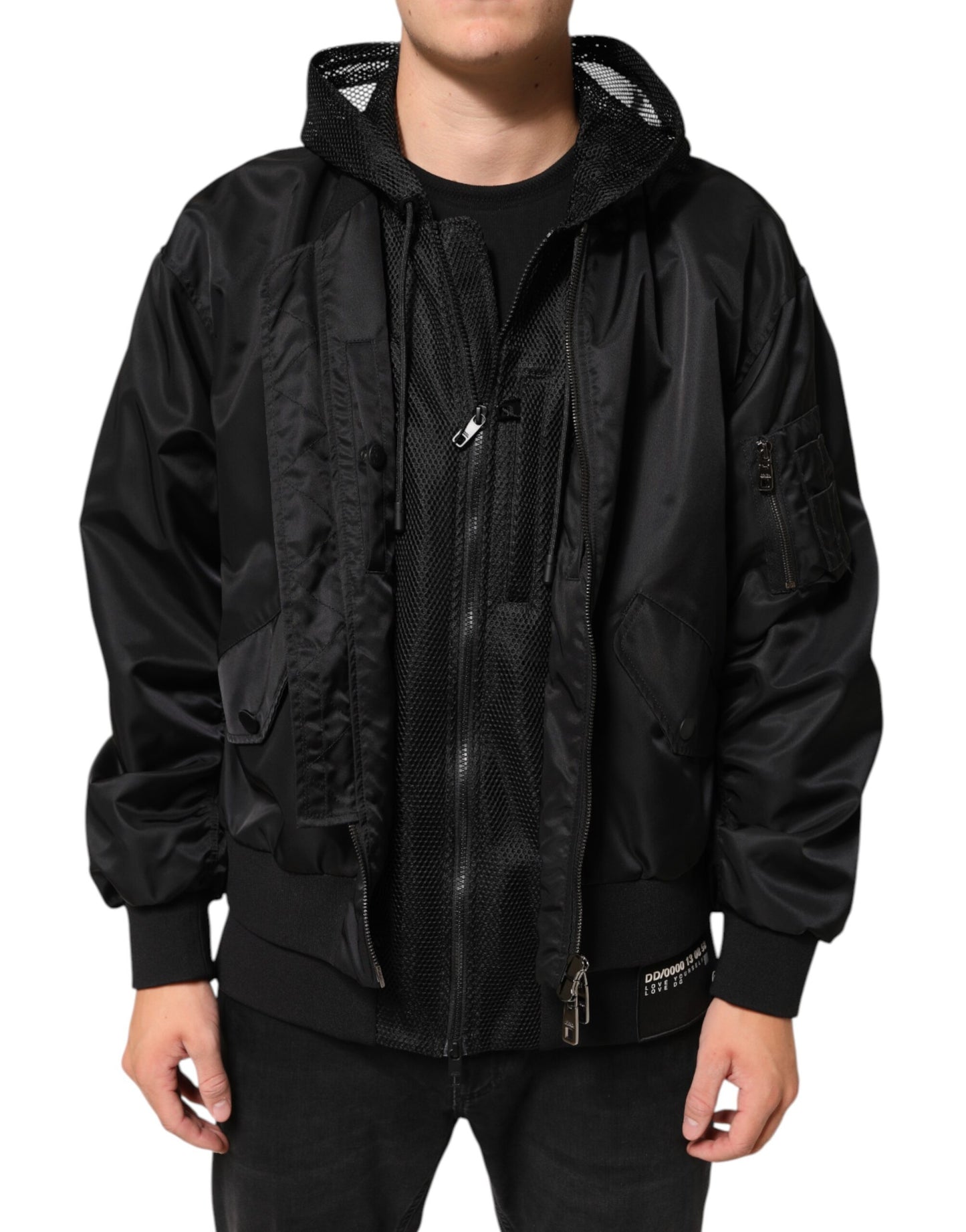 Dolce &amp; Gabbana – Schwarze Bomberjacke aus Nylon mit durchgehendem Reißverschluss und Kapuze für Herren