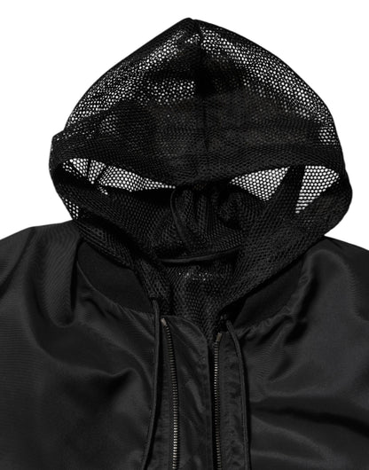 Dolce &amp; Gabbana – Schwarze Bomberjacke aus Nylon mit durchgehendem Reißverschluss und Kapuze für Herren
