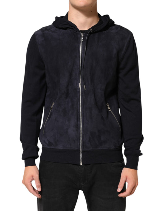 Dolce & Gabbana – Schwarze Blousonjacke aus Leder mit durchgehendem Reißverschluss und Kapuze