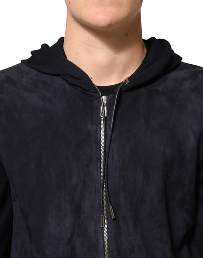 Dolce &amp; Gabbana – Schwarze Blousonjacke aus Leder mit durchgehendem Reißverschluss und Kapuze
