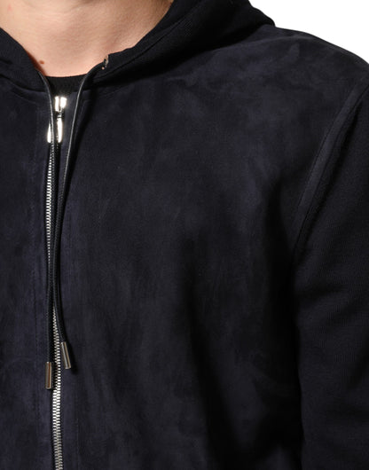 Dolce &amp; Gabbana – Schwarze Blousonjacke aus Leder mit durchgehendem Reißverschluss und Kapuze