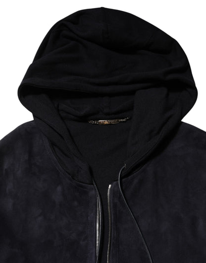 Dolce &amp; Gabbana – Schwarze Blousonjacke aus Leder mit durchgehendem Reißverschluss und Kapuze