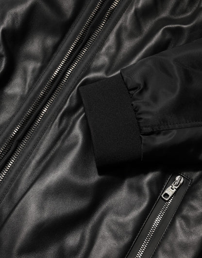 Dolce &amp; Gabbana – Schwarze Blousonjacke aus Leder und Nylon mit durchgehendem Reißverschluss