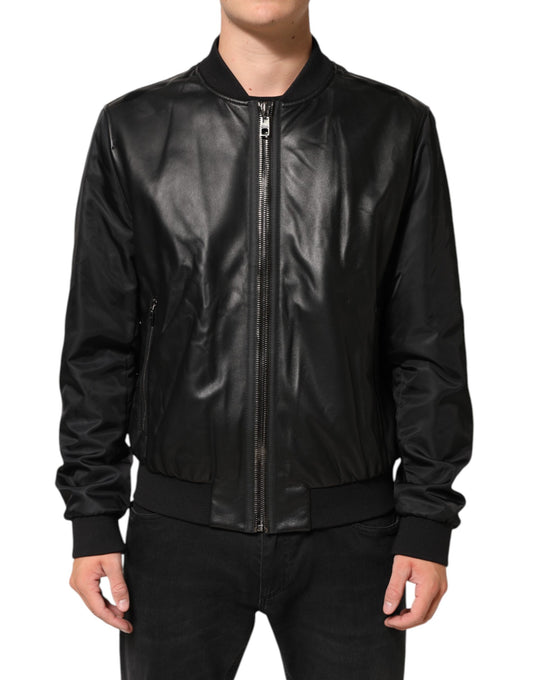 Dolce & Gabbana – Schwarze Blousonjacke aus Leder und Nylon mit durchgehendem Reißverschluss