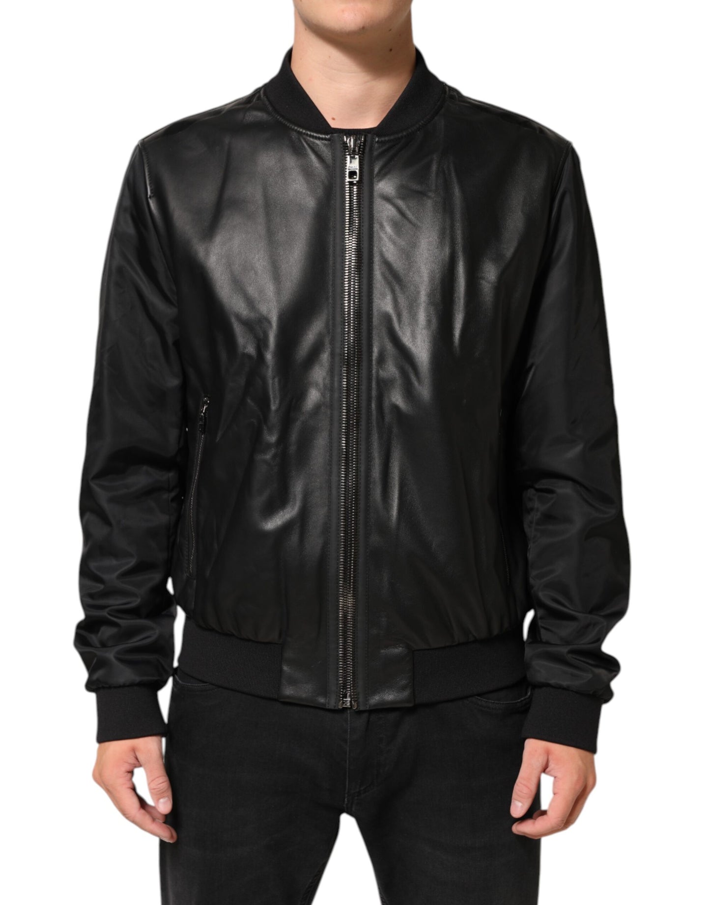 Dolce &amp; Gabbana – Schwarze Blousonjacke aus Leder und Nylon mit durchgehendem Reißverschluss