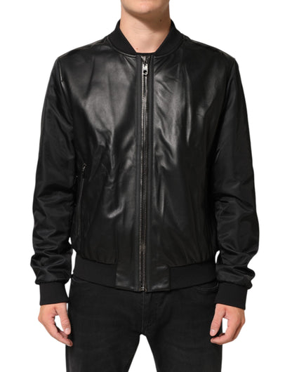 Dolce &amp; Gabbana – Schwarze Blousonjacke aus Leder und Nylon mit durchgehendem Reißverschluss