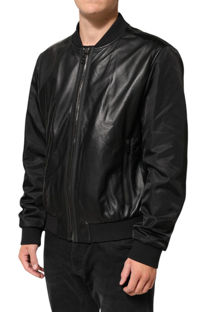 Dolce &amp; Gabbana – Schwarze Blousonjacke aus Leder und Nylon mit durchgehendem Reißverschluss