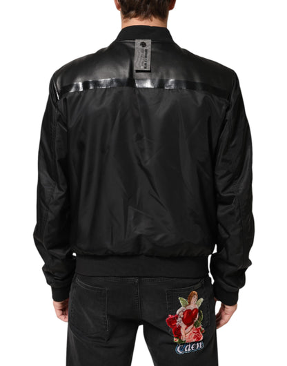 Dolce &amp; Gabbana – Schwarze Blousonjacke aus Leder und Nylon mit durchgehendem Reißverschluss