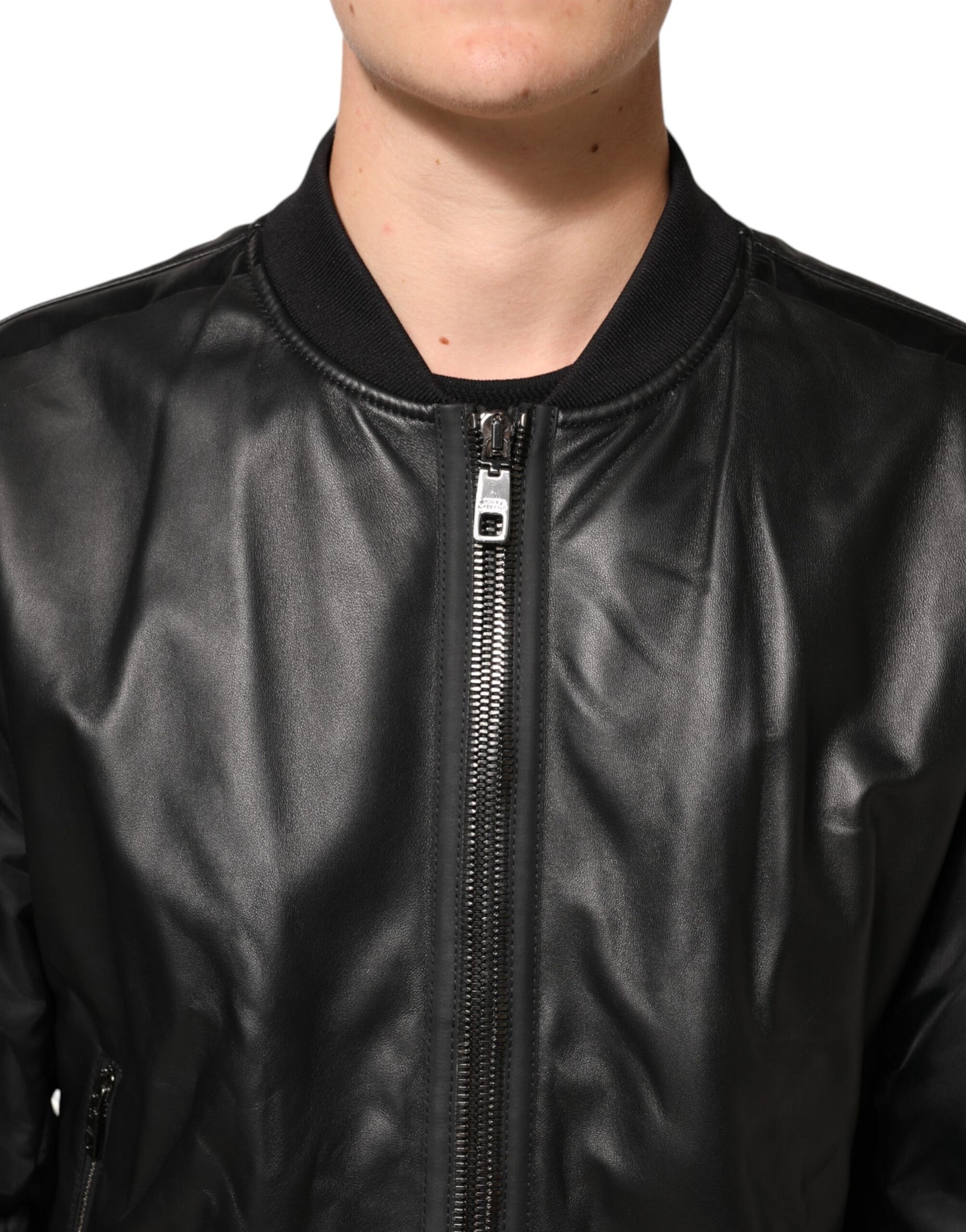 Dolce &amp; Gabbana – Schwarze Blousonjacke aus Leder und Nylon mit durchgehendem Reißverschluss