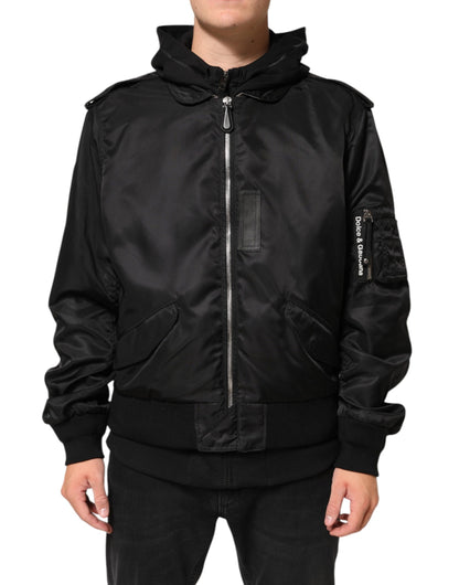 Dolce &amp; Gabbana – Schwarze Bomberjacke aus Baumwolle mit durchgehendem Reißverschluss und Kapuze