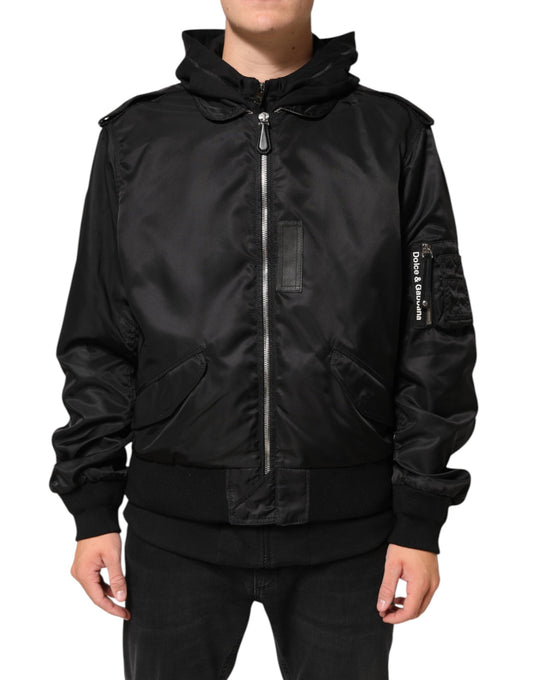 Dolce &amp; Gabbana – Schwarze Bomberjacke aus Baumwolle mit durchgehendem Reißverschluss und Kapuze
