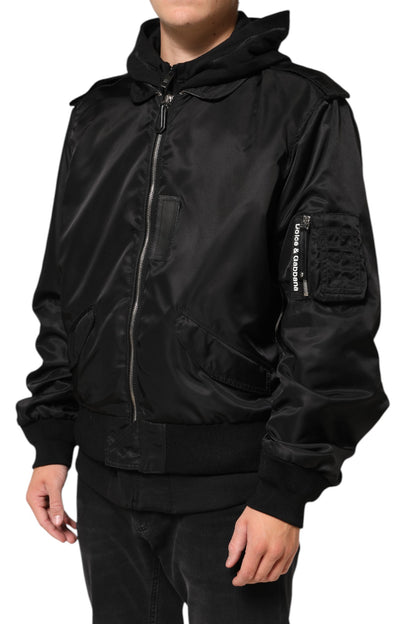 Dolce &amp; Gabbana – Schwarze Bomberjacke aus Baumwolle mit durchgehendem Reißverschluss und Kapuze