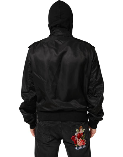 Dolce &amp; Gabbana – Schwarze Bomberjacke aus Baumwolle mit durchgehendem Reißverschluss und Kapuze