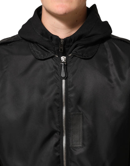 Dolce &amp; Gabbana – Schwarze Bomberjacke aus Baumwolle mit durchgehendem Reißverschluss und Kapuze