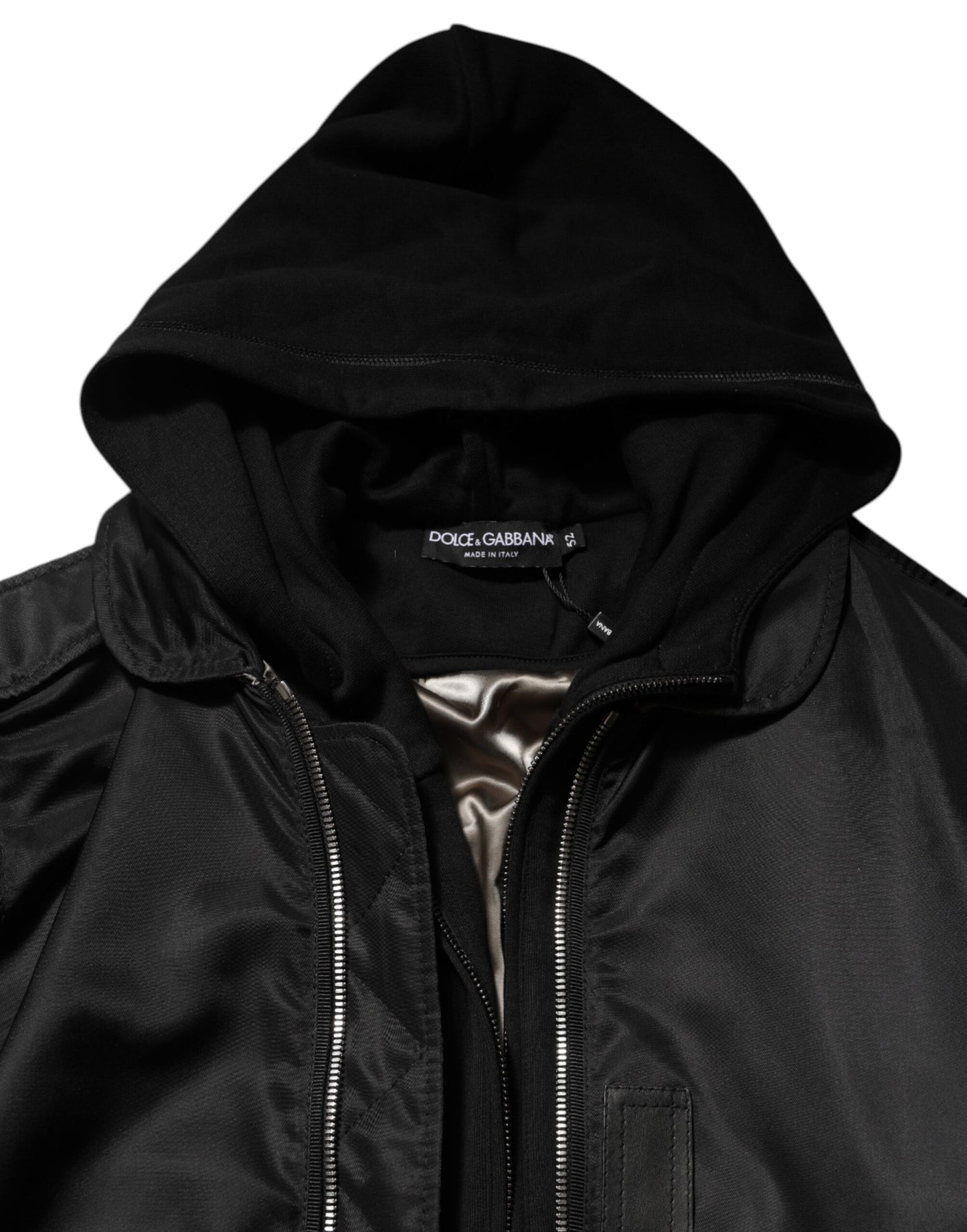 Dolce &amp; Gabbana – Schwarze Bomberjacke aus Baumwolle mit durchgehendem Reißverschluss und Kapuze