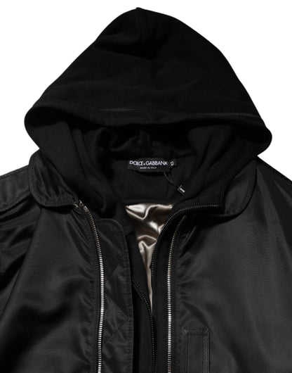 Dolce &amp; Gabbana – Schwarze Bomberjacke aus Baumwolle mit durchgehendem Reißverschluss und Kapuze