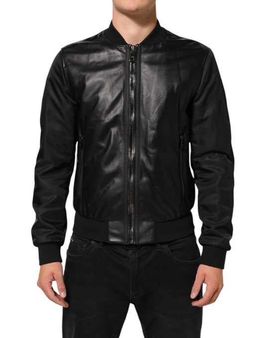 Dolce &amp; Gabbana – Schwarze Blousonjacke aus Leder und Nylon mit durchgehendem Reißverschluss