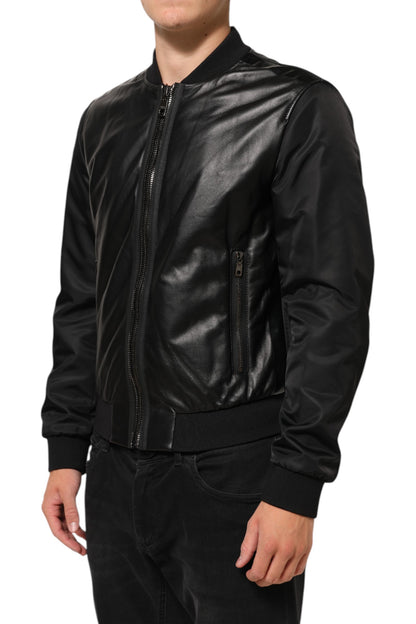 Dolce &amp; Gabbana – Schwarze Blousonjacke aus Leder und Nylon mit durchgehendem Reißverschluss