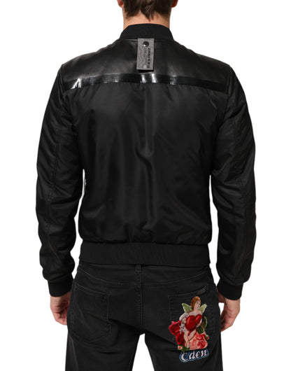 Dolce &amp; Gabbana – Schwarze Blousonjacke aus Leder und Nylon mit durchgehendem Reißverschluss
