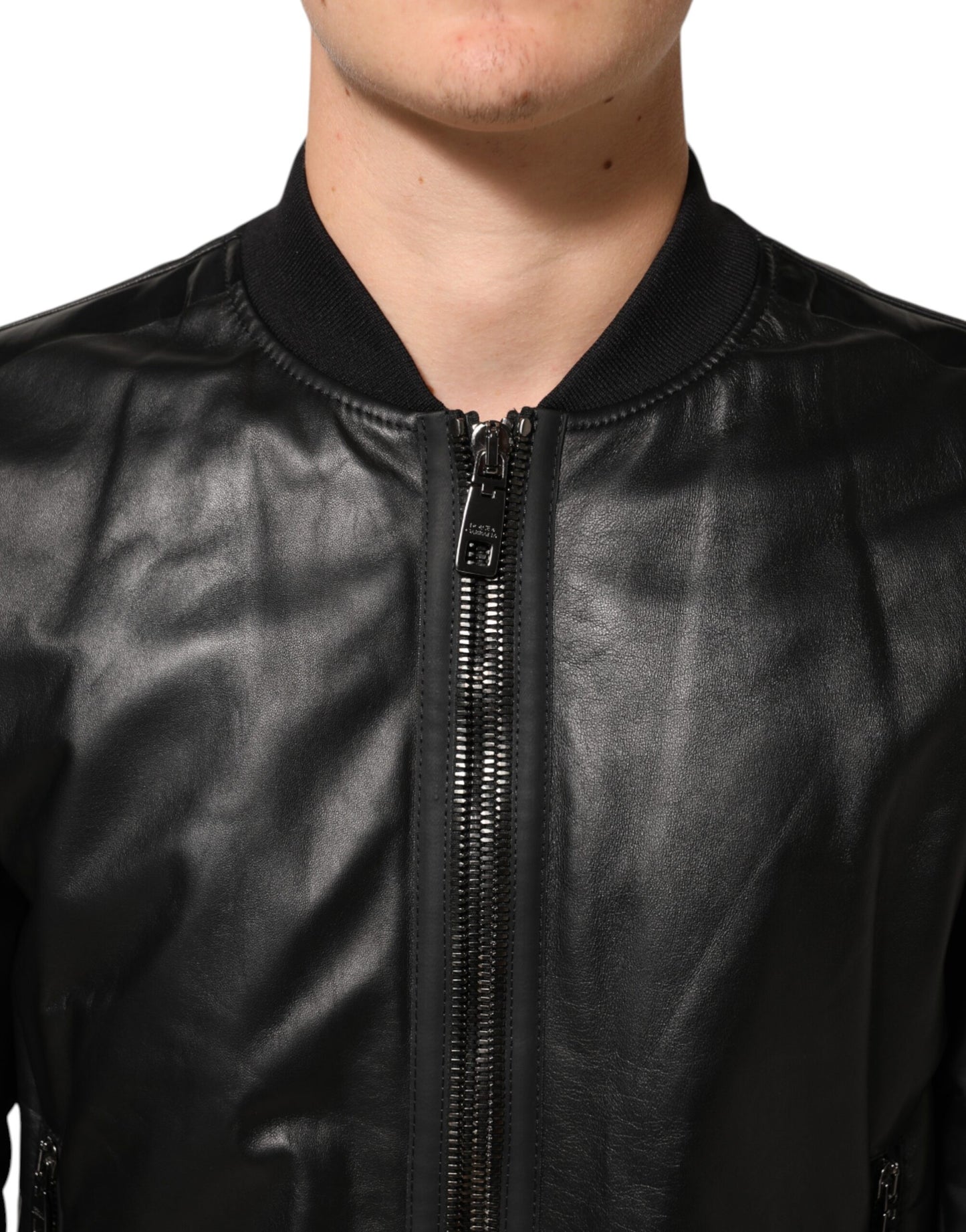 Dolce &amp; Gabbana – Schwarze Blousonjacke aus Leder und Nylon mit durchgehendem Reißverschluss