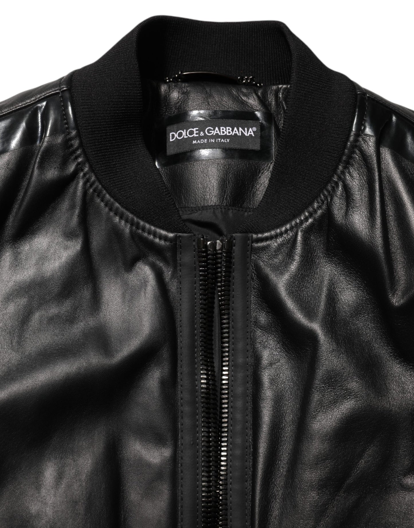 Dolce &amp; Gabbana – Schwarze Blousonjacke aus Leder und Nylon mit durchgehendem Reißverschluss