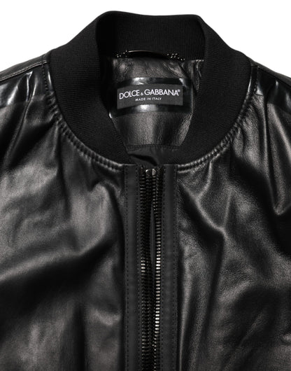 Dolce &amp; Gabbana – Schwarze Blousonjacke aus Leder und Nylon mit durchgehendem Reißverschluss