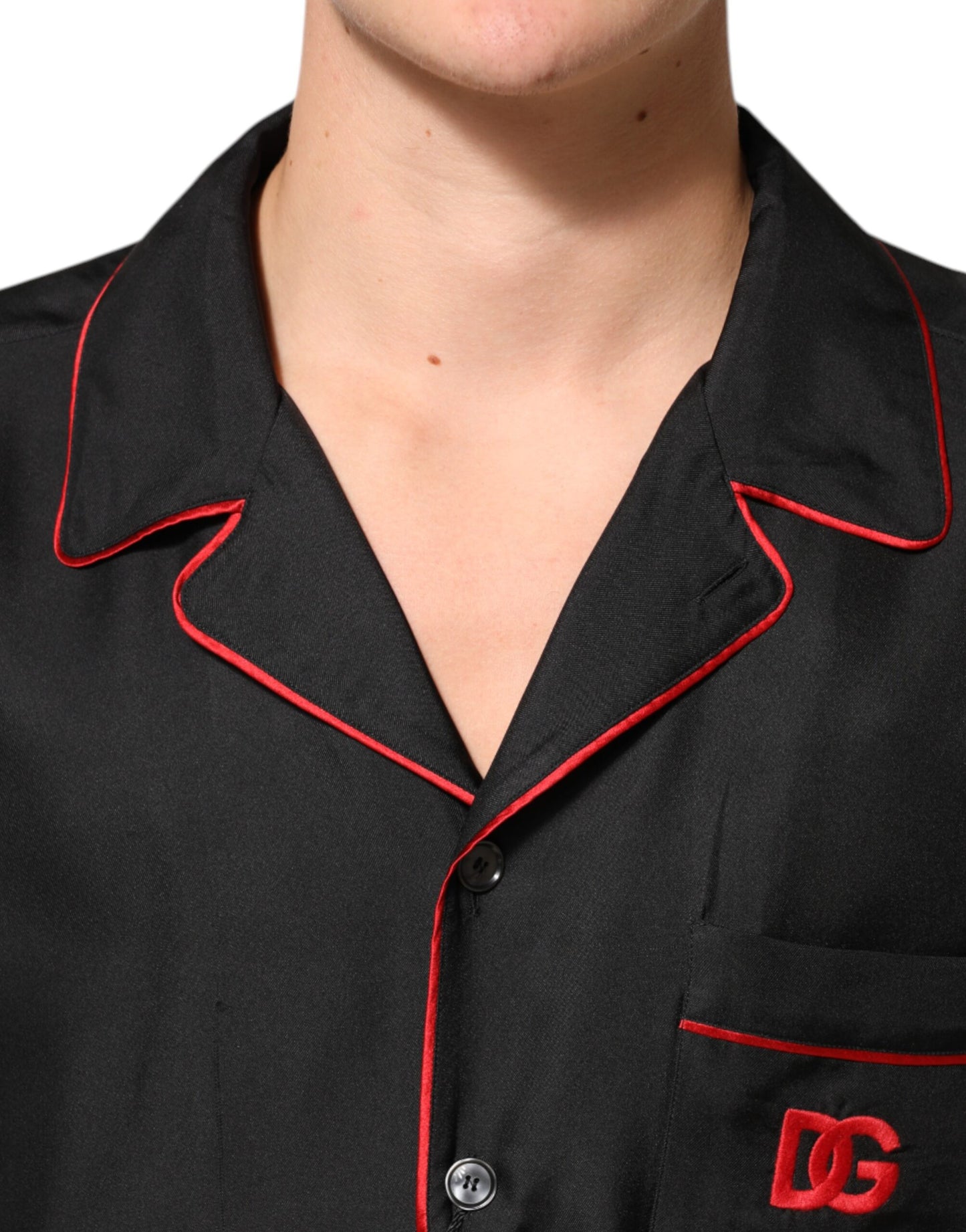 Dolce &amp; Gabbana Schwarz-rotes Freizeithemd aus Seide mit Kontrastbesatz