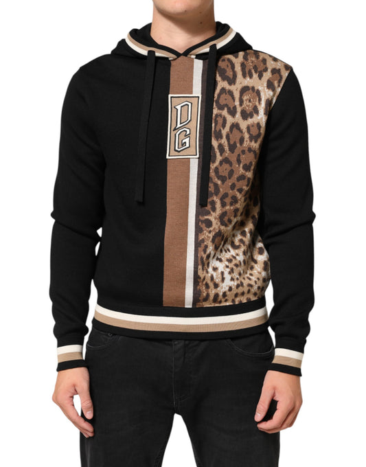 Dolce &amp; Gabbana – Schwarzes Sweatshirt mit Leoparden-Logo und Kapuze