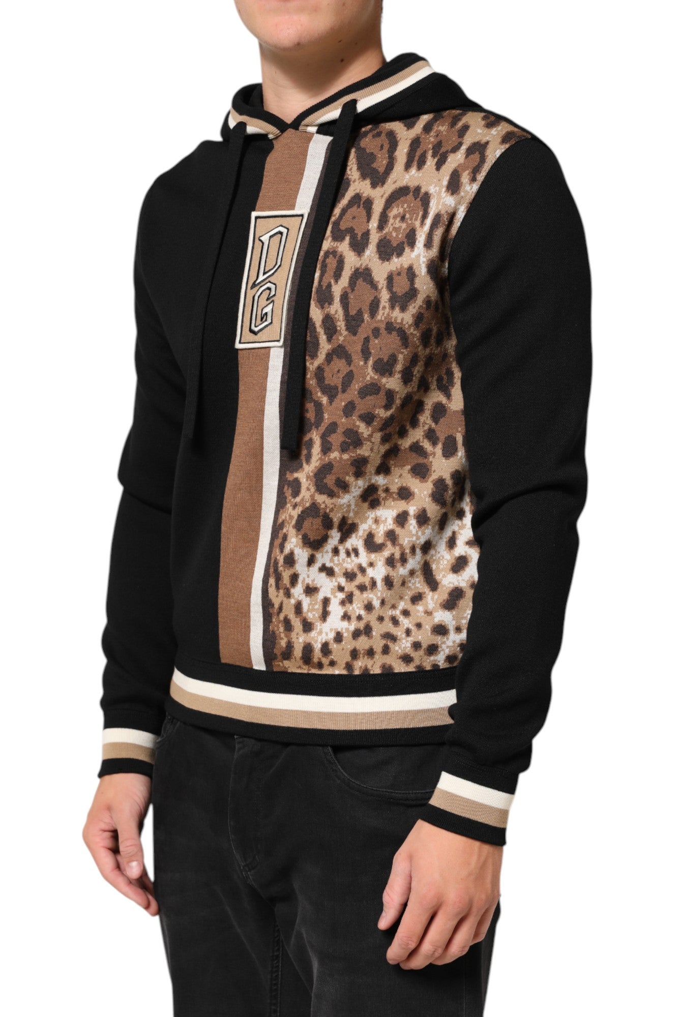 Dolce &amp; Gabbana – Schwarzes Sweatshirt mit Leoparden-Logo und Kapuze